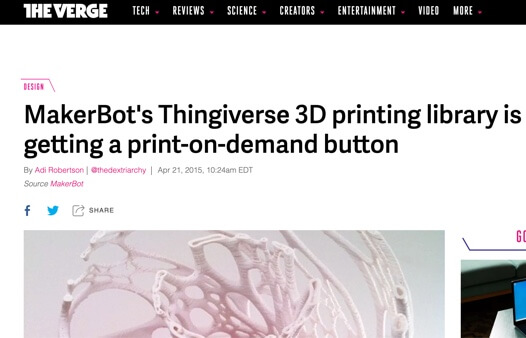 Screenshot van "de rand" artikel "MakerBot's Thingiverse 3D-printbibliotheek krijgt een print-on-demand-knop"