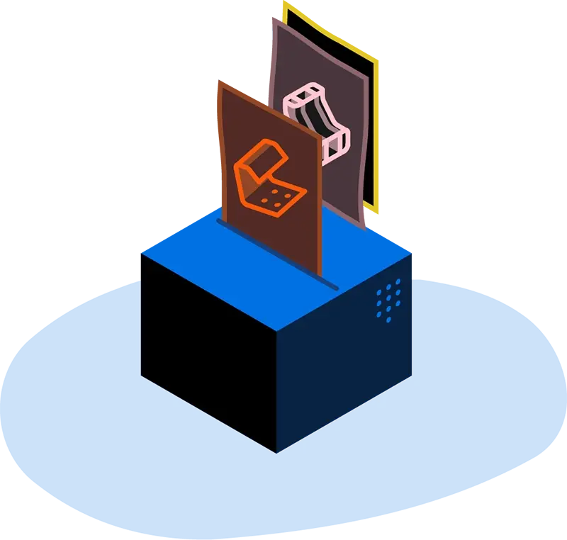 Illustration depicting files being dropped into a box with a secure check logo on it